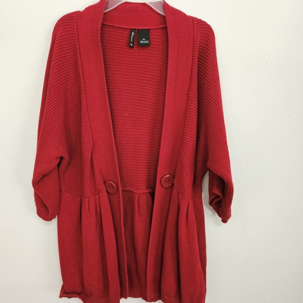 ND New Direction Red Tunic Open Front Sweater Size PL Petite Pleated Buttons